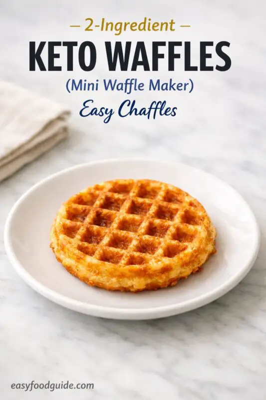 A golden-brown keto waffle (chaffle) sits on a white plate on a marble countertop. The image features text overlay reading "2-Ingredient KETO WAFFLES (Mini Waffle Maker) Easy Chaffles" with the website easyfoodguide.com at the bottom. A folded napkin is visible in the background.