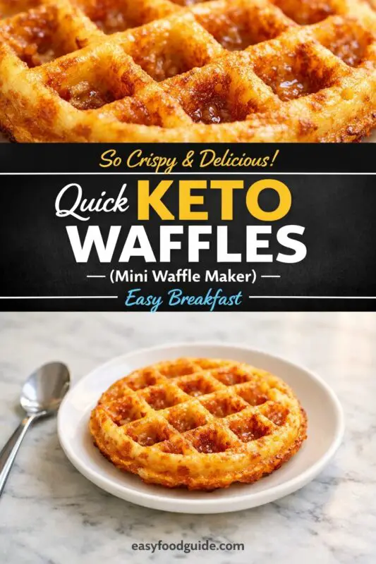 Two golden-brown keto waffles displayed on a marble surface. Top: close-up view showing crispy waffle texture with defined grid pattern. Bottom: complete round waffle served on a white plate with a spoon. Text overlay reads "So Crispy & Delicious! Quick KETO WAFFLES (Mini Waffle Maker) Easy Breakfast" from easyfoodguide.com.