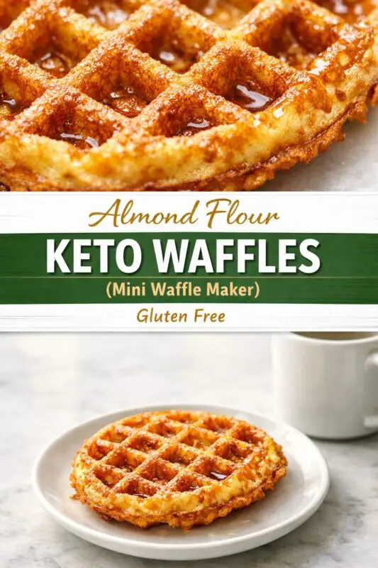 A vertical recipe graphic featuring golden-brown waffles. The top section is a close-up macro shot of a waffle with syrup pooling in the grid squares. The middle section displays text reading "Almond Flour" in gold script, "KETO WAFFLES" in large white block letters against a dark green background, "(Mini Waffle Maker)" in gold, and "Gluten Free" in script. The bottom section shows a full round waffle on a small white plate sitting on a marble countertop next to a white mug.