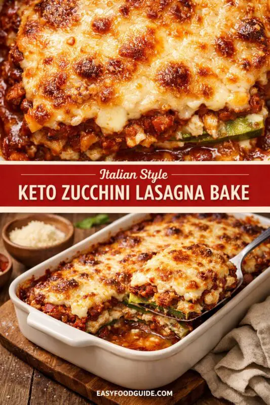 A recipe graphic for an Italian-style Keto Zucchini Lasagna Bake. The image features a close-up of a bubbling, golden-brown broiled cheese topping over a rich meat sauce and sliced zucchini. A central red banner displays the recipe name 'KETO ZUCCHINI LASAGNA BAKE' and 'EASYFOODGUIDE.COM'. Below, a metal spoon lifts a slice from a white rectangular baking dish, revealing the clear layers of zucchini, meat sauce, and melted cheese, all resting on a rustic wooden board with small bowls of parmesan and sauce.