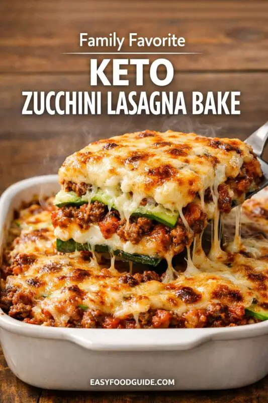 A close-up of a steaming slice of KETO ZUCCHINI LASAGNA BAKE being lifted from a baking dish, creating long cheese strings. Layers of melty cheese, meat sauce, and zucchini are clearly visible. The rest of the golden-brown lasagna is in a white baking dish on a wooden table. Text overlay: "Family Favorite" and "KETO ZUCCHINI LASAGNA BAKE". Bottom text: EASYFOODGUIDE.COM.