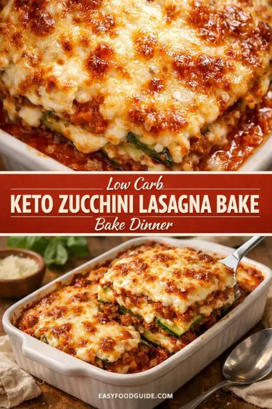 A vertical, two-panel food photo with a text banner. The top panel is a close-up of a bubbling, golden cheese-topped keto zucchini lasagna bake. Below, a red banner reads 'Low Carb KETO ZUCCHINI LASAGNA BAKE Bake Dinner'. The bottom panel shows a metal spatula lifting a steaming, layered slice from a white casserole dish on a wooden board, revealing distinct zucchini and meat layers, next to a bowl of grated parmesan and fresh basil. Text 'EASYFOODGUIDE.COM' is at the very bottom.