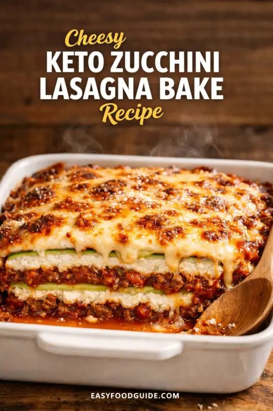 A presentation of three variations for a Keto Zucchini Lasagna Bake recipe post. Image 1: A metal spatula lifts a steaming slice from a baking dish, with the text 'Family Favorite KETO ZUCCHINI LASAGNA BAKE'. Image 2: A composite image with a central red banner text 'Low Carb KETO ZUCCHINI LASAGNA BAKE Bake Dinner'. Image 3: The full baking dish with a rustic wooden spoon and text 'Cheesy KETO ZUCCHINI LASAGNA BAKE Recipe'.