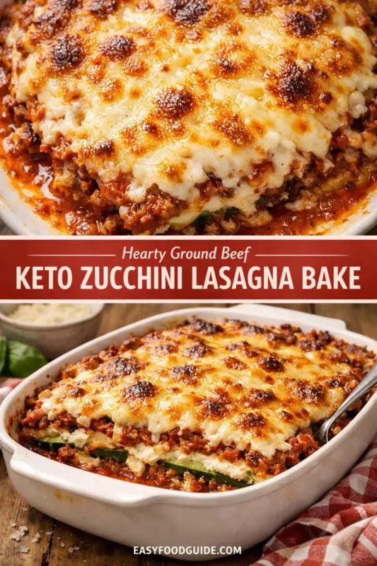 A multi-panel recipe pin graphic. Top panel: close-up of a bubbling, browned cheese-topped meat lasagna slice on a plate. Central red banner text: "Hearty Ground Beef KETO ZUCCHINI LASAGNA BAKE". Bottom panel: a full white casserole dish on a wooden surface with a metal spoon removing a scoop, revealing distinct green zucchini layers and meat sauce. Background elements: a bowl of grated parmesan, fresh basil, and a checkered cloth. Footer text: easyfoodguide.com.