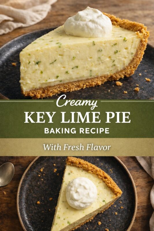 A vertical recipe graphic for a Creamy Key Lime Pie. The top and bottom images show the baking recipe slice with fresh flavor, topped with whipped cream on a dark plate. A banner reads "Creamy KEY LIME PIE BAKING RECIPE With Fresh Flavor."