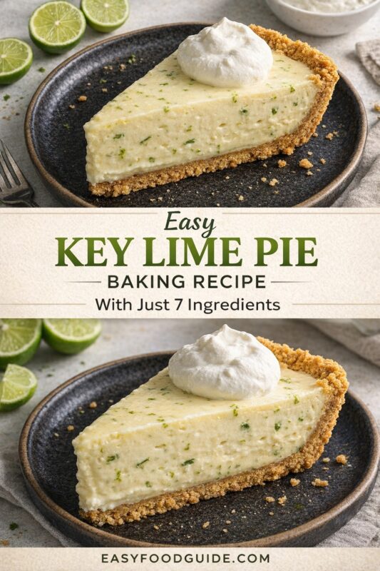 A vertical recipe graphic for an Easy Key Lime Pie. The top and bottom images show the baking recipe slice with just 7 ingredients, topped with whipped cream on a dark plate surrounded by limes. A banner reads "Easy KEY LIME PIE BAKING RECIPE With Just 7 Ingredients."
