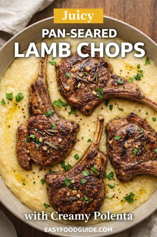 A top-down view of juicy pan-seared lamb chops served with creamy polenta in a large bowl. The seared meat is garnished with fresh herbs and garlic, creating an appetizing meal presentation. Text reads "Juicy PAN-SEARED LAMB CHOPS with Creamy Polenta," and the website "EASYFOODGUIDE.COM" is at the bottom.