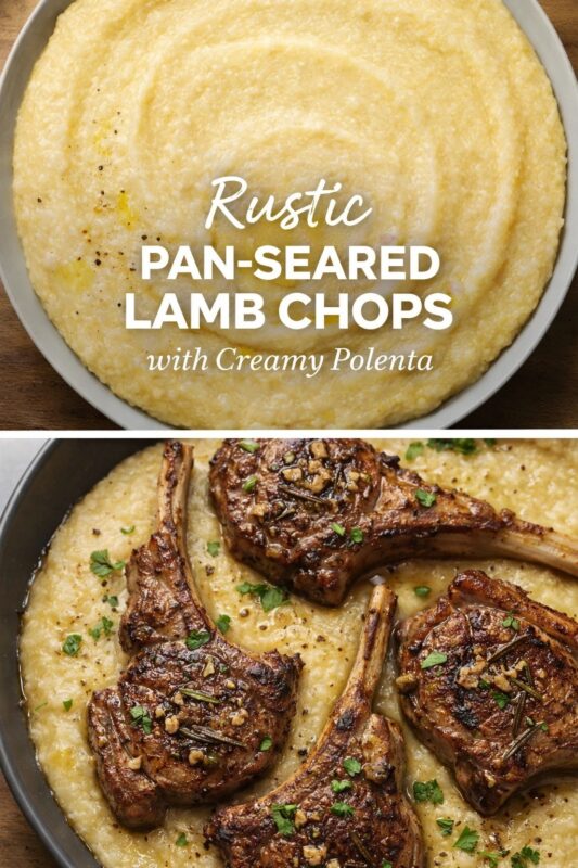 lamb-chops-creamy-polenta-2 A vertical recipe graphic for a Rustic Pan-Seared Lamb Chops with Creamy Polenta. The top image shows the smooth polenta, while the bottom displays the finished dish with seared lamb chops served on top. A banner reads "Rustic PAN-SEARED LAMB CHOPS with Creamy Polenta."