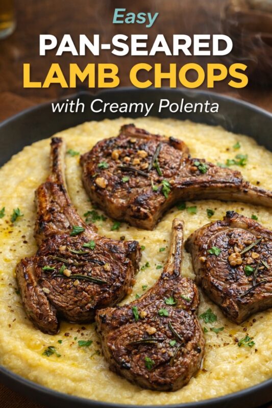 lamb-chops-creamy-polenta-3 An easy pan-seared lamb chops recipe with creamy polenta, presented in a dark skillet. The seared lamb chops are garnished with herbs and served over the smooth polenta. Text reads "Easy PAN-SEARED LAMB CHOPS with Creamy Polenta."