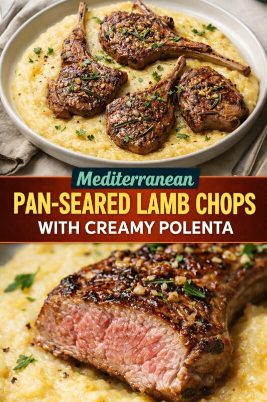 lamb-chops-creamy-polenta-4 A vertical recipe graphic for a Mediterranean Pan-Seared Lamb Chops with Creamy Polenta. The top image shows the full dish in a bowl, while the bottom is a close-up of a tender, pink lamb chop. A banner reads "Mediterranean PAN-SEARED LAMB CHOPS WITH CREAMY POLENTA."