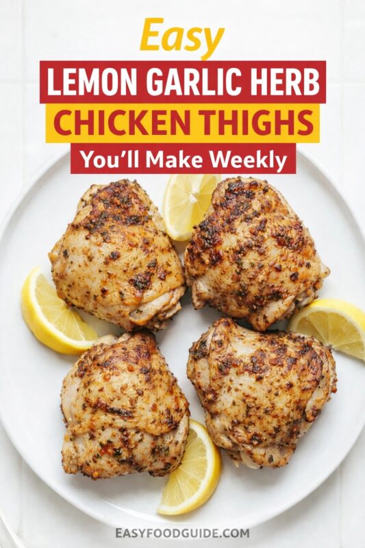 An easy lemon garlic herb chicken thighs recipe, presented on a white plate with fresh lemon wedges. The seasoned and cooked chicken is described as a dish you'll make weekly. Text reads "Easy LEMON GARLIC HERB CHICKEN THIGHS You'll Make Weekly," and the website "EASYFOODGUIDE.COM" is at the bottom.