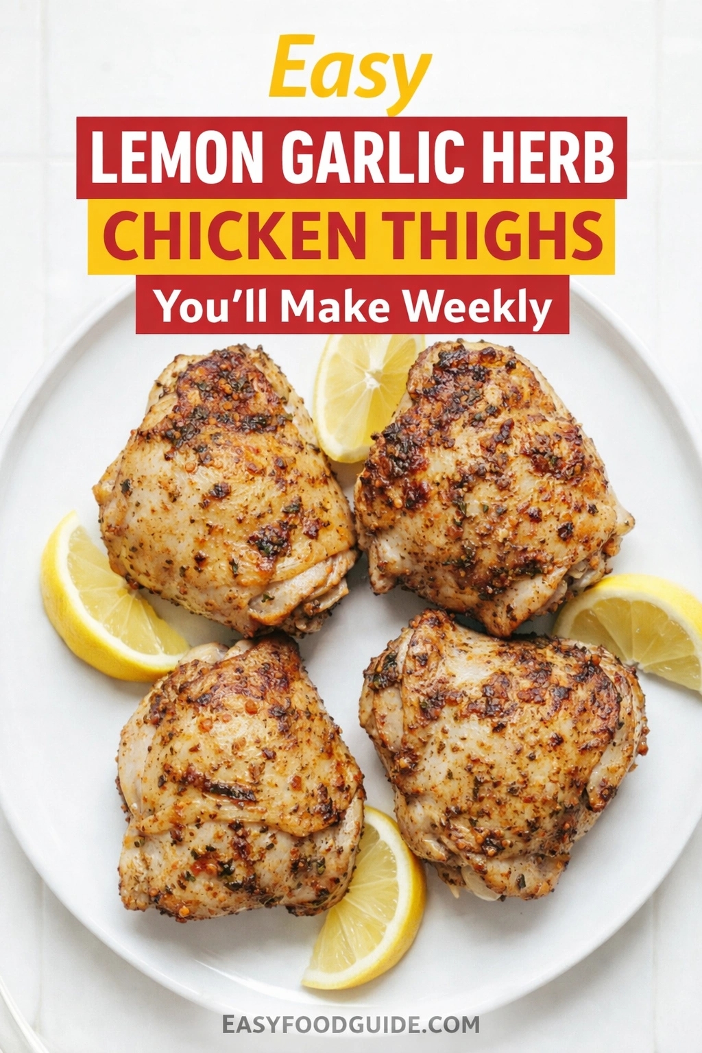 An easy lemon garlic herb chicken thighs recipe, presented on a white plate with fresh lemon wedges. The seasoned and cooked chicken is described as a dish you'll make weekly. Text reads "Easy LEMON GARLIC HERB CHICKEN THIGHS You'll Make Weekly," and the website "EASYFOODGUIDE.COM" is at the bottom.