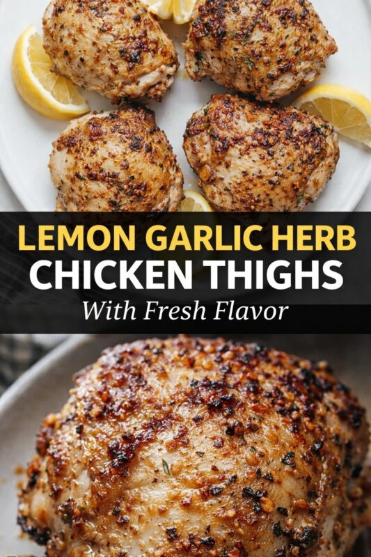 lemon-garlic-herb-chicken-thighs-2 A vertical recipe graphic for Lemon Garlic Herb Chicken Thighs. The top image shows the fresh-flavor dish on a plate, while the bottom is a close-up of the crispy-skinned chicken. A banner reads "LEMON GARLIC HERB CHICKEN THIGHS With Fresh Flavor."