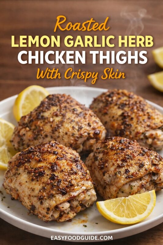 lemon-garlic-herb-chicken-thighs-3 A roasted lemon garlic herb chicken thighs recipe with crispy skin, served on a white plate with lemon wedges. The golden-brown chicken is garnished with herbs and presented on a wooden surface. Text reads "Roasted LEMON GARLIC HERB CHICKEN THIGHS With Crispy Skin," and the website "EASYFOODGUIDE.COM" is at the bottom.