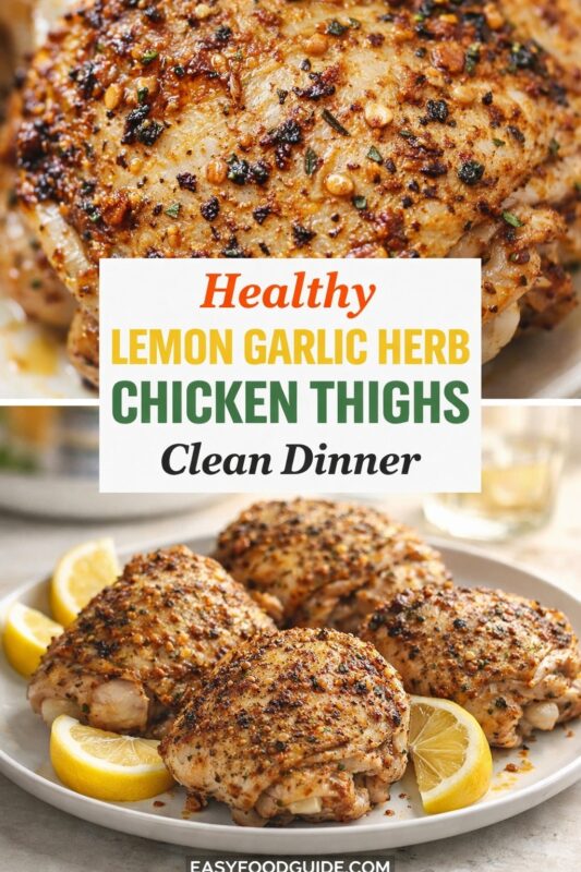 lemon-garlic-herb-chicken-thighs-4 A vertical recipe graphic for a Healthy Lemon Garlic Herb Chicken Thighs clean dinner. The top image is a close-up of the seasoned chicken, while the bottom shows the full plate with lemon wedges. A banner reads "Healthy LEMON GARLIC HERB CHICKEN THIGHS Clean Dinner."