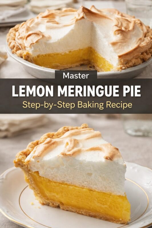 A vertical recipe graphic for a Master Lemon Meringue Pie. The top image shows the classic pie with a slice removed, while the bottom displays a perfect slice on a plate. A banner reads "Master LEMON MERINGUE PIE Step-by-Step Baking Recipe."