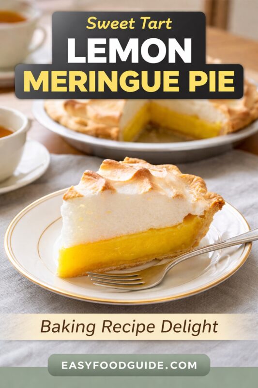 A sweet tart lemon meringue pie, presented as a baking recipe delight. A slice of the dessert with bright yellow filling and torched meringue is served on a plate with a fork, with the full pie in the background. Text reads "Sweet Tart LEMON MERINGUE PIE Baking Recipe Delight," and the website "EASYFOODGUIDE.COM" is at the bottom.
