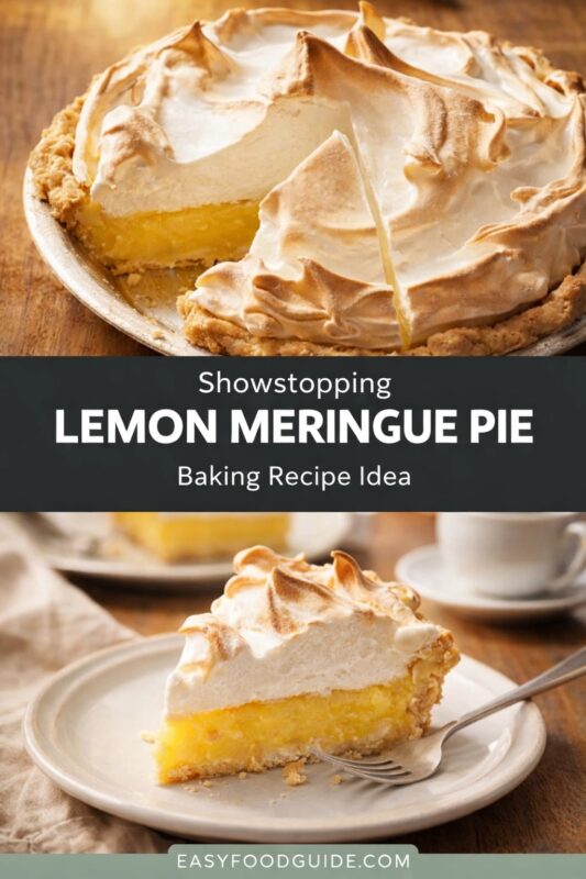 A vertical recipe graphic for a Showstopping Lemon Meringue Pie. The top image shows the baking recipe idea pie with a slice removed, while the bottom displays a plated slice with a fork. A banner reads "Showstopping LEMON MERINGUE PIE Baking Recipe Idea."
