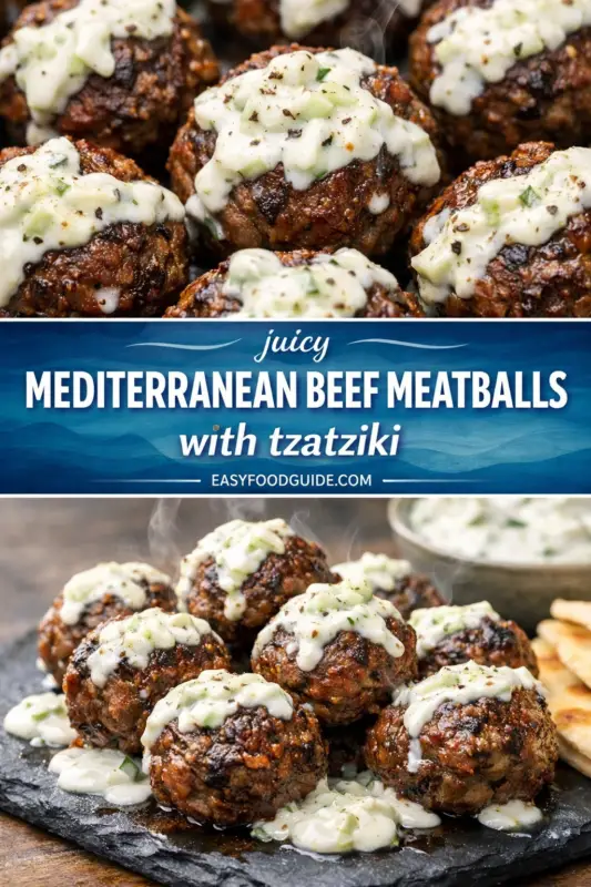 The top shows a close-up of seared beef meatballs, each topped with creamy, cucumber-studded tzatziki sauce. The middle features a decorative blue text banner: "juicy MEDITERRANEAN BEEF MEATBALLS with tzatziki." The bottom presents a wider shot of a pile of the same steaming meatballs on a dark slate board, drizzled with tzatziki and served with a side of pita bread and extra sauce, with steam rising from the hot food.