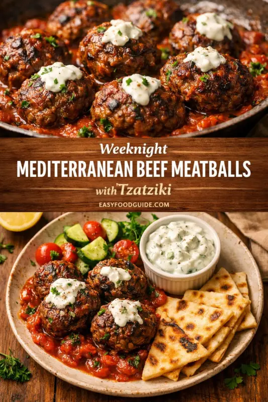 A photo collage. The top shows a cast-iron skillet of grilled beef meatballs in a rich tomato sauce, each topped with a dollop of Tzatziki and herbs. Below, a wooden banner reads: "Weeknight MEDITERRANEAN BEEF MEATBALLS with Tzatziki, EASYFOODGUIDE.COM". The bottom photo shows a single plated portion with four meatballs, a cup of Tzatziki, grilled pita bread, a tomato-cucumber salad, and a lemon wedge on a rustic table.