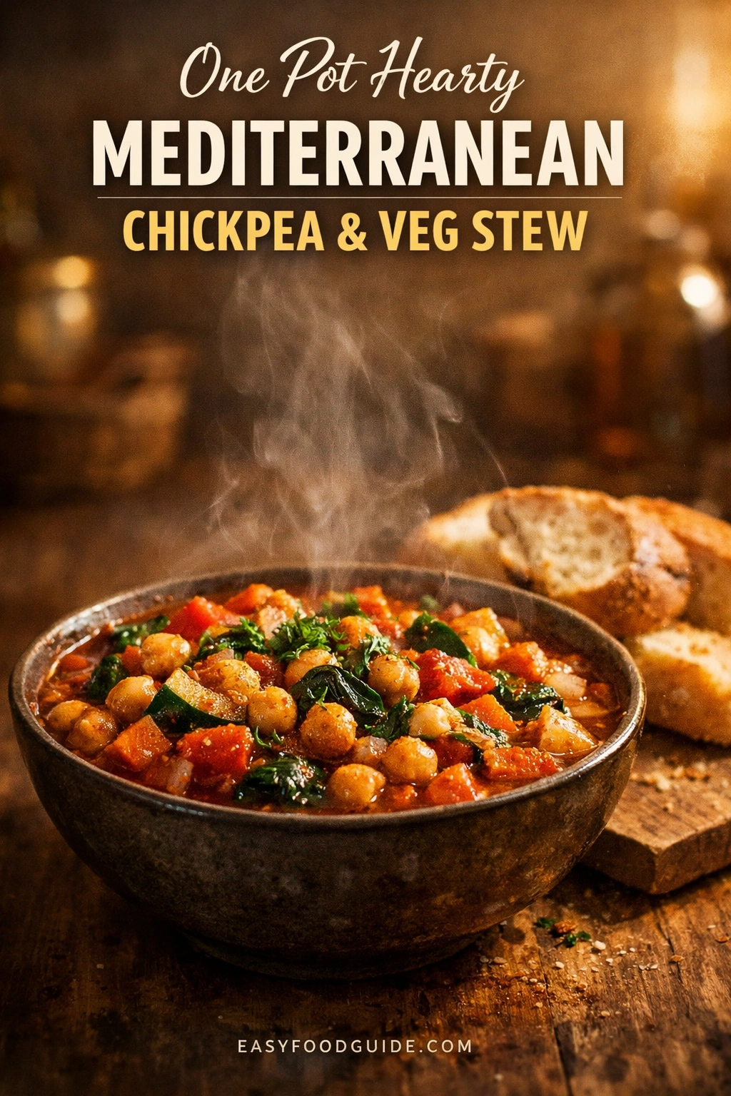 A rich, steaming bowl of Mediterranean Chickpea and Veg Stew in a dark ceramic bowl, centered on a rustic wooden table. Above, the title reads: "One Pot Hearty Mediterranean CHICKPEA & VEG STEW". Behind the bowl are slices of crusty bread. The stew is packed with chickpeas, tomatoes, spinach, and vegetables, garnished with parsley. The scene is warmly lit. The url easyfoodguide.com is at the bottom.
