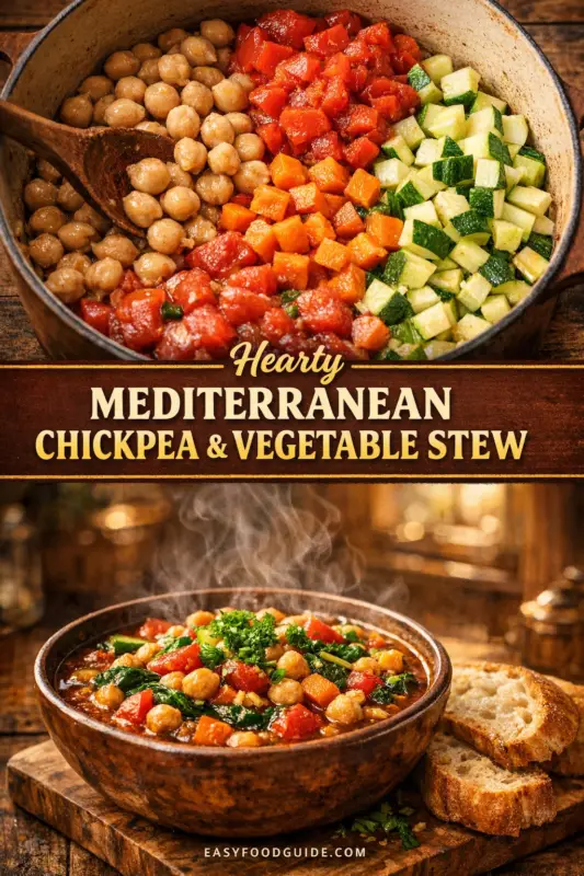 mediterranean-chickpea-veg-stew-2 Gemini said
This two-part image features a "Hearty Mediterranean CHICKPEA & VEGETABLE STEW." The top section shows a close-up overhead view of a bowl with lettuce, ground beef, cheddar cheese, pickles, and a creamy orange sauce drizzle. The lower section displays a side-angle view of the steaming stew filled with chickpeas, tomatoes, zucchini, carrots, and spinach, garnished with parsley and served with two slices of rustic bread.