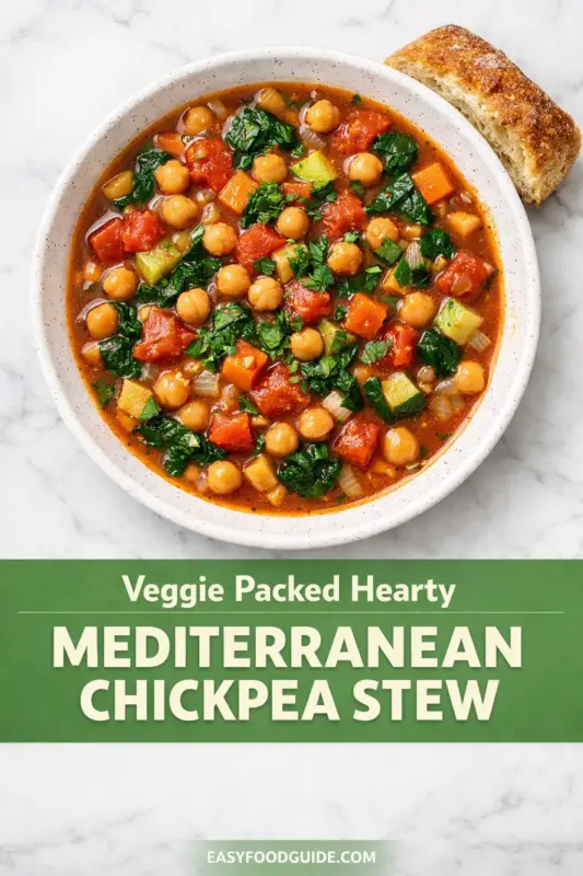 mediterranean-chickpea-veg-stew-3 A top-down photograph on marble shows a speckled white bowl of Mediterranean Chickpea Stew, full of chickpeas, chopped tomatoes, carrots, zucchini, and spinach, topped with parsley. A piece of crusty bread is to the upper right. Below the bowl, on a solid green background, white and green text reads: "Veggie Packed Hearty MEDITERRANEAN CHICKPEA STEW." At the very bottom center, in small white text, is "EASYFOODGUIDE.COM."