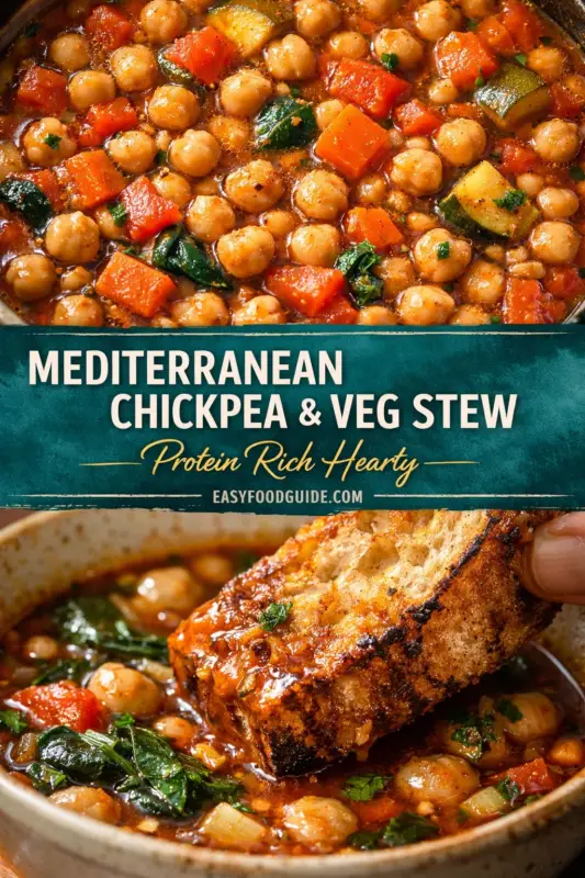 mediterranean-chickpea-veg-stew-4 Gemini said
A vibrant, two-part composition. Above a central teal banner is a close-up of a full pot of Mediterranean chickpea and vegetable stew. The banner reads: 'MEDITERRANEAN CHICKPEA & VEG STEW,' 'Protein Rich Hearty,' and 'EASYFOODGUIDE.COM'. Below, a close-up photo shows a hand dipping a thick, toasted bread slice, already heavily coated in sauce, into a bowl of the same hearty stew.