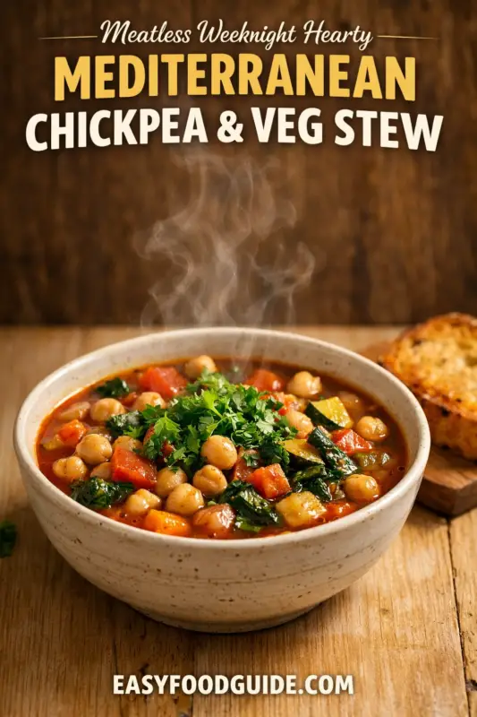 mediterranean-chickpea-veg-stew-5 Gemini said
A photograph of a speckled ceramic bowl holding a rich, steaming Mediterranean chickpea and vegetable stew, filled with chickpeas, zucchini, peppers, and greens, garnished with fresh parsley. The bowl sits on a rustic wood table next to a slice of toasted bread. The text overlay at the top reads: "-Meatless Weeknight Hearty- MEDITERRANEAN CHICKPEA & VEG STEW", and at the bottom: "EASYFOODGUIDE.COM".