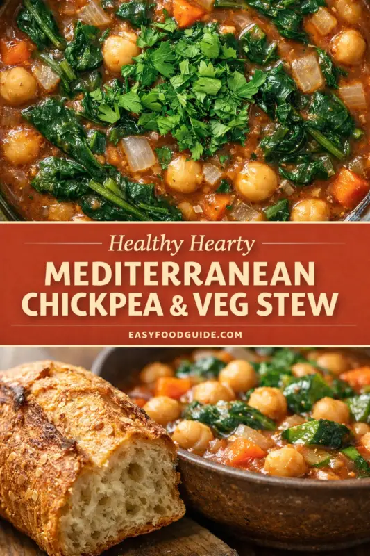 mediterranean-chickpea-veg-stew-6 A recipe graphic for "Healthy Hearty Mediterranean Chickpea & Veg Stew" from EasyFoodGuide.com. The top view shows a pot of stew with chickpeas, spinach, and fresh parsley. The bottom shows a bowl of the stew served with crusty, sesame-topped artisan bread. A central red banner features the title in bold white lettering.