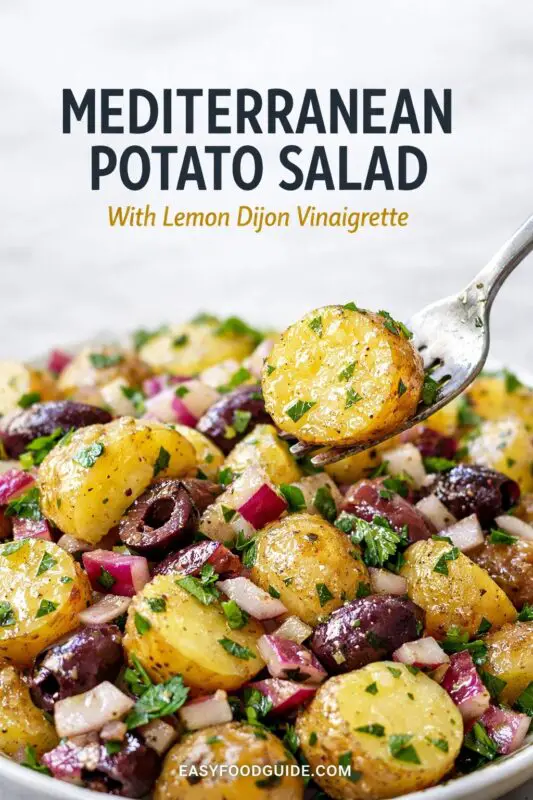 A close-up view of a Mediterranean Potato Salad, featuring baby potatoes, Kalamata olives, red onion, and parsley. A fork is lifting a single piece of dressed potato. Text at top: 'MEDITERRANEAN POTATO SALAD With Lemon Dijon Vinaigrette'. Website at bottom: 'EASYFOODGUIDE.COM'.