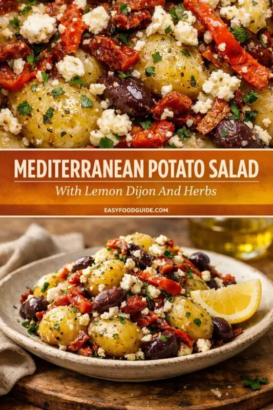 A multi-panel recipe graphic for Mediterranean Potato Salad. The top features a close-up of small potatoes, Kalamata olives, sun-dried tomatoes, and feta. A central banner has the text 'MEDITERRANEAN POTATO SALAD With Lemon Dijon And Herbs' and the URL 'easyfoodguide.com'. The bottom panel shows the full plated dish on a rustic surface.