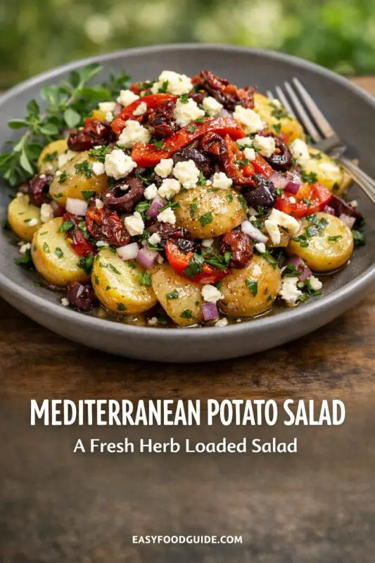 A gray bowl of Mediterranean potato salad rests on a rustic wooden table with a blurred natural background. The salad is a mix of halved roasted potatoes, Kalamata olives, red onion, roasted red peppers, fresh herbs, and crumbled feta cheese. A fork rests in the bowl. Below the image, the text reads "MEDITERRANEAN POTATO SALAD" and "A Fresh Herb Loaded Salad," with "EASYFOODGUIDE.COM" at the very bottom.