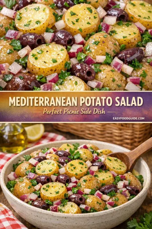 A multi-panel recipe pin for Mediterranean potato salad. The top features a macro close-up of ingredients: potatoes, olives, red onion, and parsley. A central blue-purple banner prominently displays the title 'MEDITERRANEAN POTATO SALAD', the subtitle 'Perfect Picnic Side Dish', and the website 'EASYFOODGUIDE.COM'. The bottom panel shows the complete salad in a rustic bowl with a wooden spoon, resting on a wooden table with a checkered cloth.
