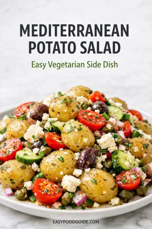 A plated serving of Mediterranean potato salad is centered on a light marble surface. Text above reads 'MEDITERRANEAN POTATO SALAD' and 'Easy Vegetarian Side Dish' in green. The dish features roasted baby potatoes, halved cherry tomatoes, sliced cucumbers, Kalamata olives, capers, and crumbled feta cheese, all mixed with red onion and fresh herbs. Below the plate is the website 'EASYFOODGUIDE.COM'.