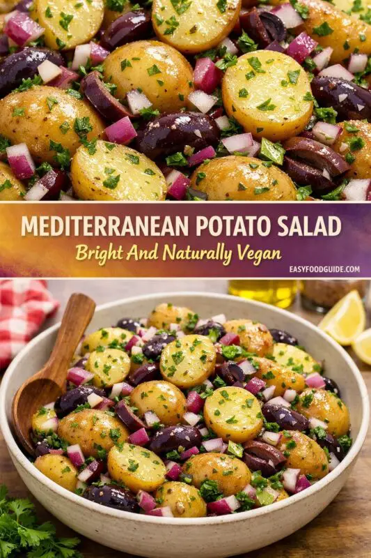 A multi-panel recipe pin for Mediterranean potato salad. The top section is a close-up of the halved potatoes, Kalamata olives, red onions, and parsley with dressing. A central gradient banner features the text: 'MEDITERRANEAN POTATO SALAD' and 'Bright And Naturally Vegan'. The bottom section shows the salad in a rustic grey bowl with a wooden spoon, resting on a wooden table with lemon wedges. easyfoodguide.com is at the bottom.