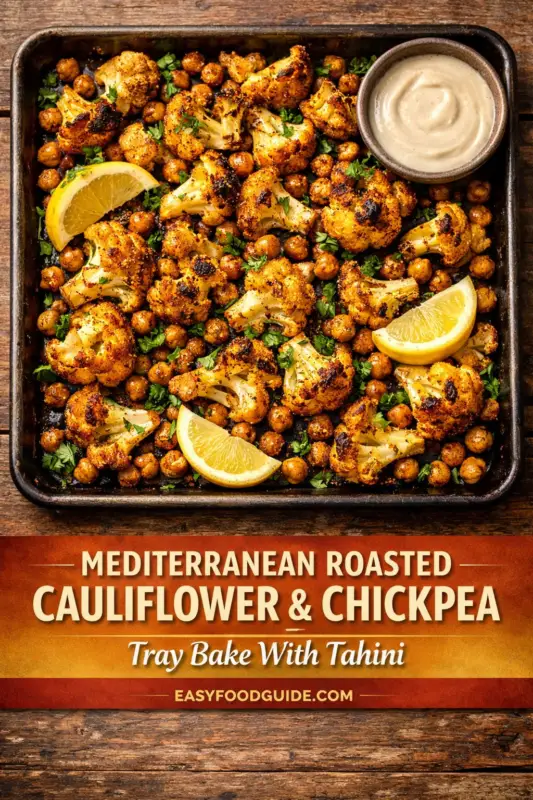 An overhead photo shows a dark baking tray on a rustic wooden table. The tray is filled with roasted cauliflower florets and roasted chickpeas, seasoned with spices and garnished with fresh parsley. Four lemon wedges are placed among the vegetables. In the top-right corner is a small bowl of creamy tahini sauce. Below the image, text on a dark gradient background reads, 'MEDITERRANEAN ROASTED CAULIFLOWER & CHICKPEA Tray Bake With Tahini EASYFOODGUIDE.COM'.