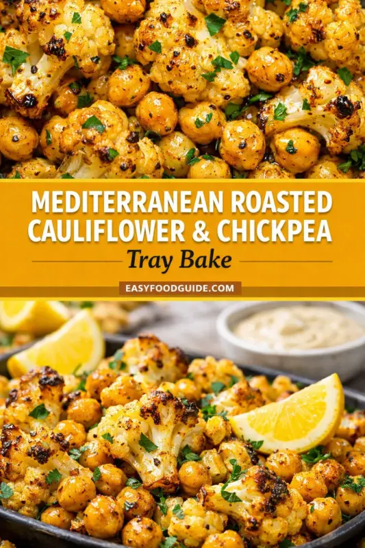 A split-panel food graphic with two photos and a central text banner. The top photo is an intimate close-up of deeply roasted, seasoned cauliflower florets and chickpeas with fresh parsley. A gold text box below reads "MEDITERRANEAN ROASTED CAULIFLOWER & CHICKPEA Tray Bake" with "EASYFOODGUIDE.COM" below. The bottom photo shows a wider view of the food in a dark pan with more vegetables, lemon wedges, and a bowl of tahini sauce in the blurred background.