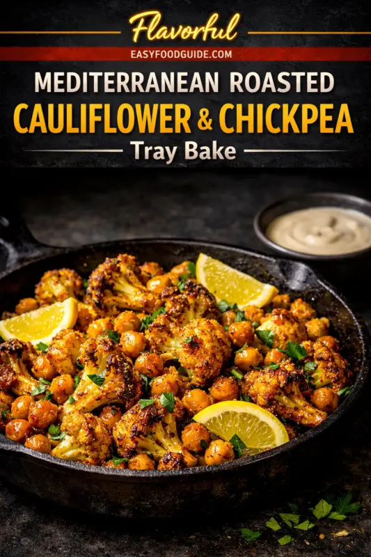 A dark cast-iron skillet on a textured dark background, filled with caramelized roasted cauliflower and chickpeas, seasoned and garnished with fresh parsley and lemon wedges. Blurred in the upper right is a small bowl of creamy sauce. At the top, a dark banner contains text: 'Flavorful', 'EASYFOODGUIDE.COM', 'MEDITERRANEAN ROASTED CAULIFLOWER & CHICKPEA', and 'Tray Bake'.