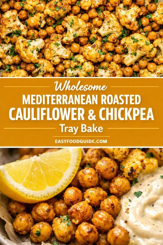 A split-panel food graphic featuring a top-down close-up of roasted cauliflower florets and chickpeas seasoned with spices and fresh parsley. A central golden text banner reads 'Wholesome MEDITERRANEAN ROASTED CAULIFLOWER & CHICKPEA Tray Bake' with 'EASYFOODGUIDE.COM' below. The bottom panel shows an extreme close-up of roasted chickpeas with a prominent lemon wedge and a dollop of creamy tahini sauce.