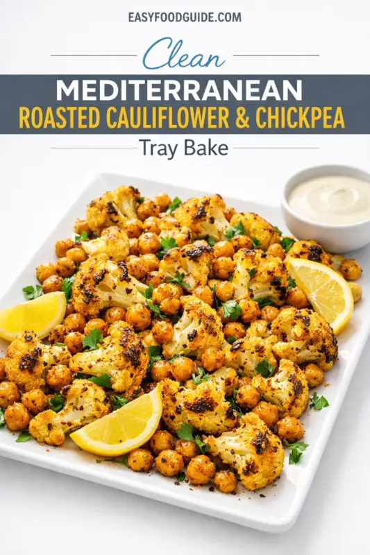 A rectangular white platter is piled with seasoned, roasted cauliflower florets and chickpeas, garnished with fresh parsley and lemon wedges. A small white bowl of creamy tahini sauce is positioned to the right of the platter. At the top of the image, text over a clean white background reads: "EASYFOODGUIDE.COM", followed by "Clean MEDITERRANEAN ROASTED CAULIFLOWER & CHICKPEA", with "Tray Bake" in yellow text below it.