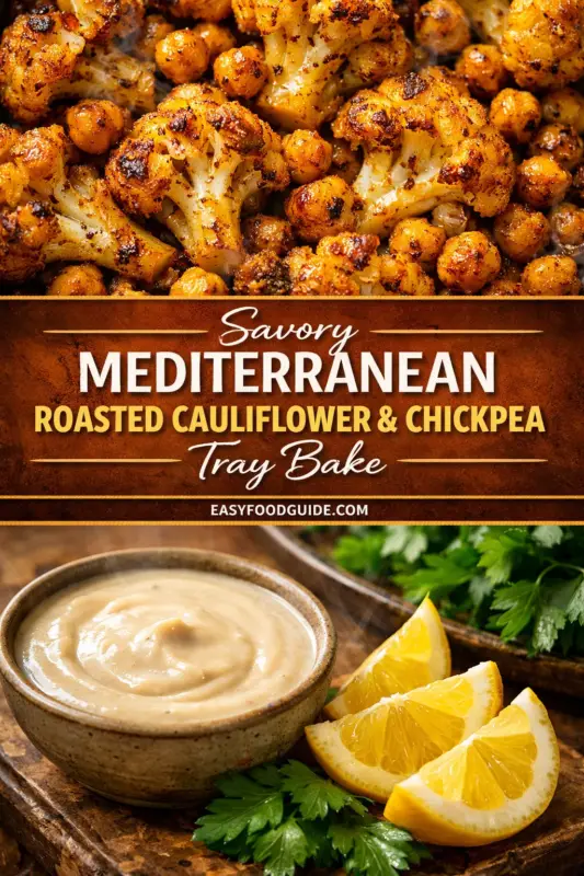 A split-panel food graphic with two photos and a central text banner. The top detailed close-up shows roasted cauliflower florets and chickpeas seasoned with spices and sprinkled with fresh parsley and lemon wedges. A central orange banner reads, 'MEDITERRANEAN ROASTED CAULIFLOWER & CHICKPEA Tray Bake' with 'EASYFOODGUIDE.COM' below. The bottom photo shows a wider view of the food in a dark cast-iron skillet, with more lemon wedges and a small bowl of creamy tahini sauce.
