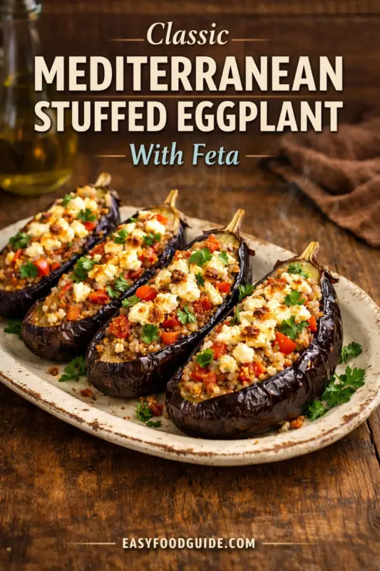 Three baked eggplant halves on a platter, stuffed with a mixture of vegetables, grains, and crumbled feta cheese, garnished with fresh herbs.