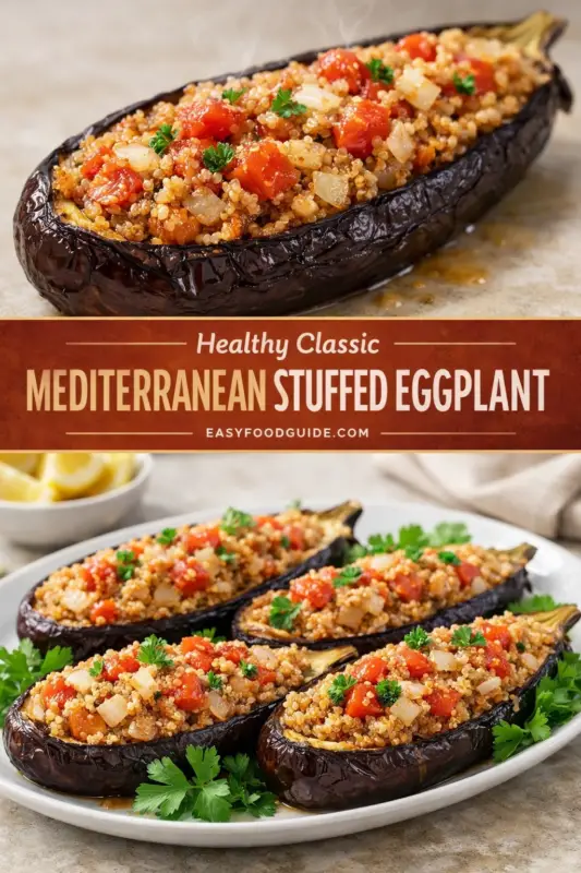 mediterranean-stuffed-eggplant-2 Two images of roasted Mediterranean stuffed eggplants. The top half shows a close-up of a single eggplant filled with quinoa, diced tomatoes, onions, and fresh parsley. The bottom half shows four stuffed eggplants arranged on a white serving platter, garnished with sprigs of parsley and lemon wedges in the background.