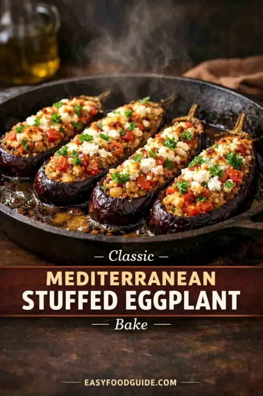 mediterranean-stuffed-eggplant-3 Four roasted Mediterranean stuffed eggplant halves in a dark cast-iron skillet, topped with melted white cheese, diced tomatoes, and fresh parsley with steam rising from the dish. A text overlay in the center reads "Classic Mediterranean Stuffed Eggplant — Bake" and includes the website "easyfoodguide.com"