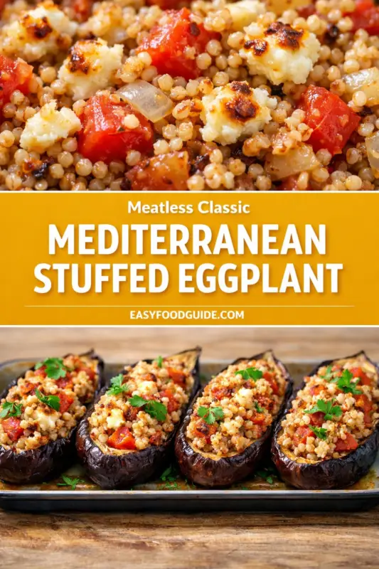 mediterranean-stuffed-eggplant-4 A two-part image showing Mediterranean stuffed eggplants. The top half is a close-up of the filling, featuring grains, diced tomatoes, and browned cheese. The bottom half shows four stuffed eggplant halves garnished with parsley on a baking sheet. A yellow banner in the center reads "Meatless Classic Mediterranean Stuffed Eggplant" with the URL "easyfoodguide.com".