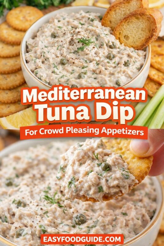 A vertical recipe graphic for a Mediterranean Tuna Dip, perfect for crowd-pleasing appetizers. The top image shows the dip served with crackers and celery, while the bottom is a close-up of a cracker being dipped into the creamy mixture. A banner reads "Mediterranean Tuna Dip For Crowd Pleasing Appetizers."