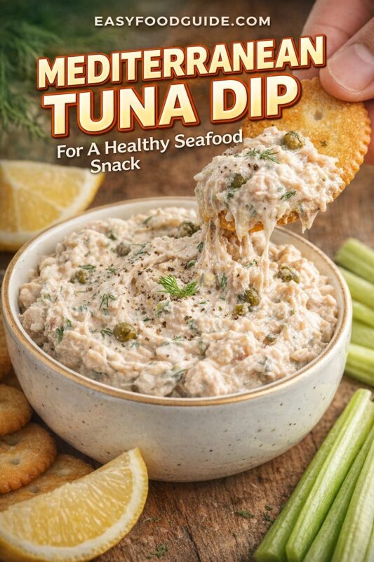A Mediterranean tuna dip for a healthy seafood snack, shown with a cracker being dipped into the creamy mixture. The bowl is surrounded by crackers, celery sticks, and lemon wedges on a rustic wooden table. Text reads "MEDITERRANEAN TUNA DIP For A Healthy Seafood Snack," and the website "EASYFOODGUIDE.COM" is at the top.