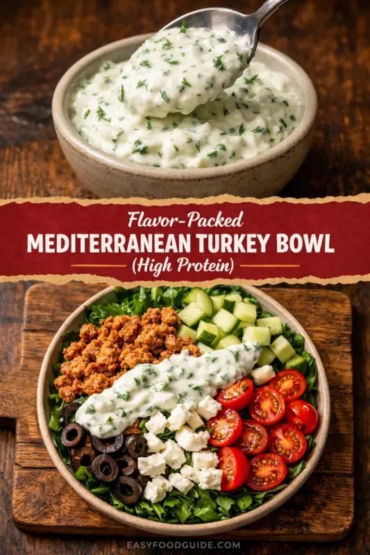 A composite food advertisement. The top shows a bowl of creamy tzatziki sauce. The center features a red banner with gold text: 'Flavor-Packed MEDITERRANEAN TURKEY BOWL (High Protein)'. The bottom displays the complete bowl with mixed greens, ground turkey, cucumbers, tomatoes, feta, olives, and tzatziki, all on a wooden board. The website 'EASYFOODGUIDE.COM' is at the very bottom.