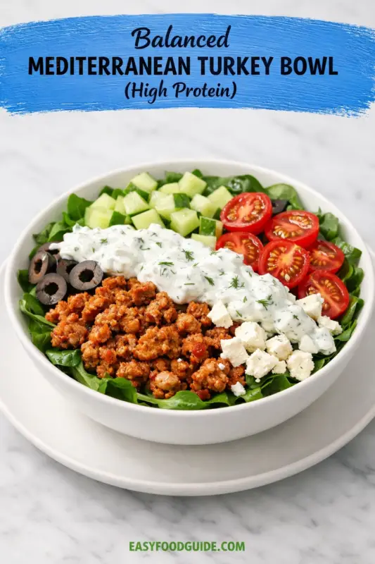 A white bowl of a Mediterranean Turkey Bowl with a base of spinach, topped with ground turkey, tzatziki sauce, cherry tomatoes, cucumbers, black olives, and feta cheese. The bowl rests on a marble surface. Blue text at the top reads "Balanced MEDITERRANEAN TURKEY BOWL (High Protein)". At the bottom, the URL "EASYFOODGUIDE.COM" is visible.